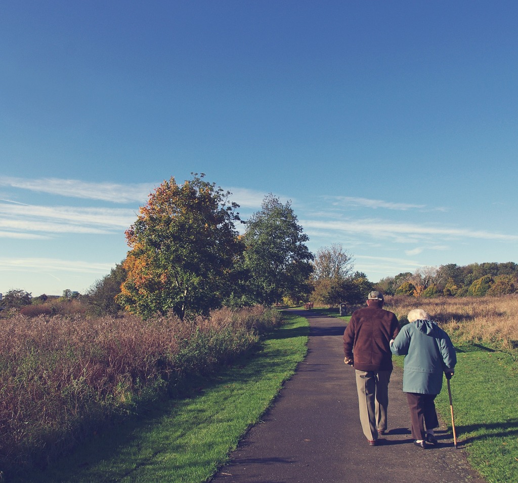 An elderly couple walking together.